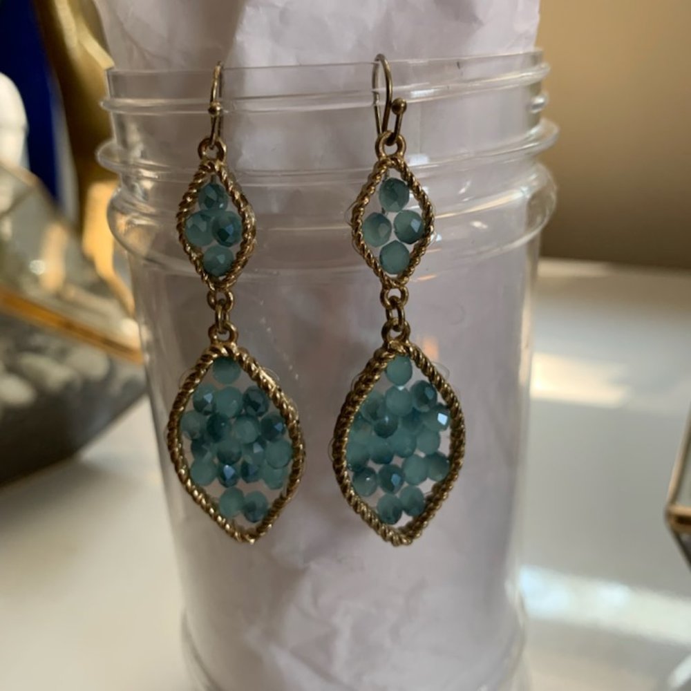 Double Drop Gold tone and beaded Earrings - Picture 2 of 5